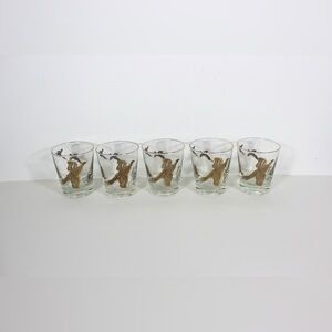 Mid Century Modern Gold Pheasant Set of 5 Glasses, Lowball Whiskey Rocks Bird